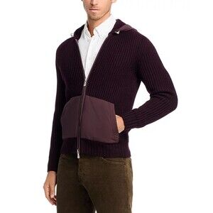 Eleventy Men's Hooded Sweater Red Wool Ribbed Knit  Full-Zip Size M Burgundy